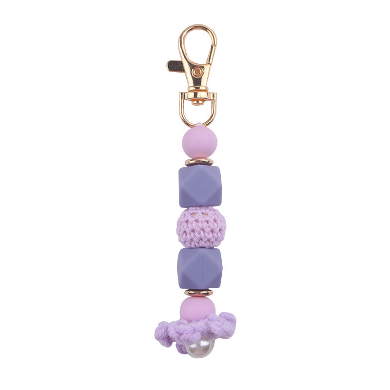 Wholesale Knitted Flower Silicone Beaded Lanyard Keychain
